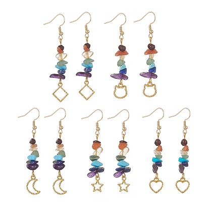 Gemstone Chip Beaded Dangle Earring with 304 Stainless Steel Earring Hook, Mixed Alloy Pendant Earring for Women, Cat Head/Star/Heart