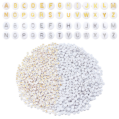 1872Pcs 52 Style Plating Acrylic Beads, Metal Enlaced, Flat Round with Golden & Silver Alphabet