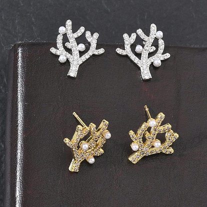Серьги-гвоздики из латуни с микропаве из кубического циркония для женщин, коралл, с ABS имитации жемчуга, стойки покрытие, долговечный, без свинца и без кадмия
