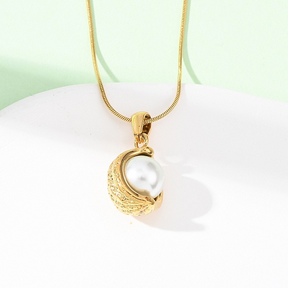 304 Женские ожерелья в форме змеи с подвеской в виде луны из нержавеющей стали и искусственного акрилового жемчуга, белые, ионное покрытие (ip)