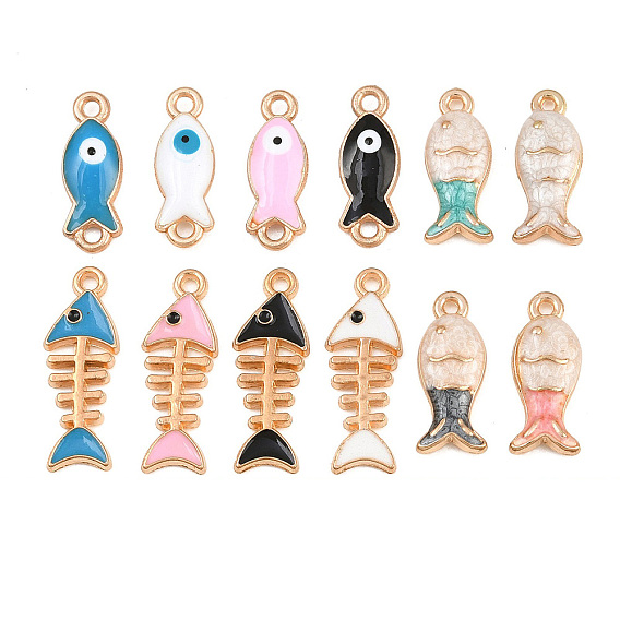 Alloy Enamel Pendants, Fishbone & Fish Charms, Light Gold
