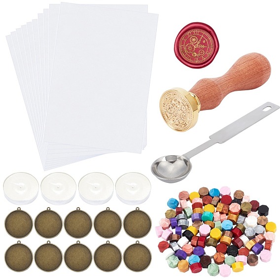 DIY Scrapbook Making Kits, Including Sealing Wax Particles, Candles, Stainless Steel Spoon, Diamond Painting Release Paper, Alloy Pendant Cabochon Settings, Brass Wax Seal Stamp and Wood Handle