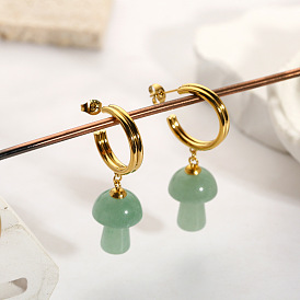 Natural Stone Mushroom Dangle Earrings Stainless Steel C Shape Earrings Women Fashion 18K Gold Earrings
