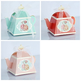 Teapot Foldable Creative Paper Gift Box, Flower Pattern Candy Box with Ribbon, Decorative Gift Box for Wedding