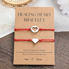 Stainless Steel Healing Heart Card Bracelet - Red Waxed Thread Braided, Unique and Personalized.