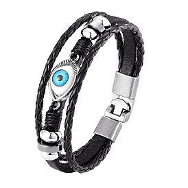 Leather Bracelet with Multi-layered Beads and Devil's Eye Clasp - Stylish, Trendy