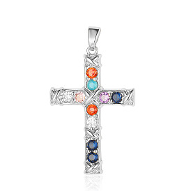 Brass Micro Pave Colorful Cubic Zirconia Pendants, Cross Charms