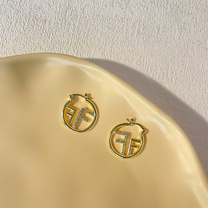 Кольцо с узором в виде буквы F, серьги-кольца из сплава с кристаллами и стразами