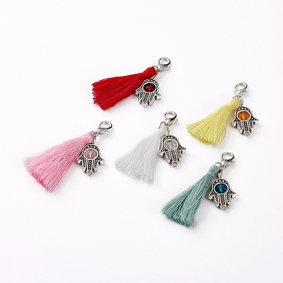Colgante de las borlas del hilo de algodón, con mano de hamsa de aleación de estilo tibetano / mano de fátima / mano de miriam y cierres de garra de langosta de aleación de zinc, Platino