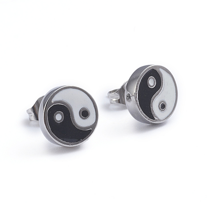 304 Stainless Steel Stud Earrings, with Enamel and Ear Nuts, Yin Yang