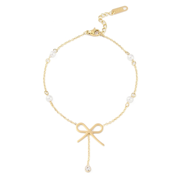 Ионное покрытие (IP) 304 браслеты с подвесками из нержавеющей стали с бантом для женщин, с пластиковой имитацией жемчуга и стразами