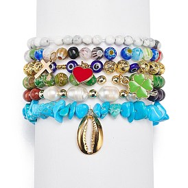 6Pcs 6 Style Natural Mixed Gemstone & Pearl & Glass Beaded Stretch Bracelets Set, 304 Stainless Steel Shell & Clover & Heart Charms Stackable Bracelets for Women