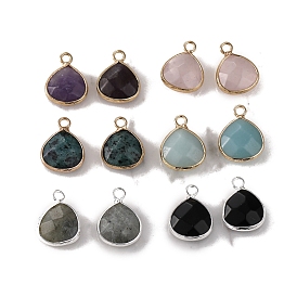 Gemstone Faceted Pendants, Brass Teardrop Charms