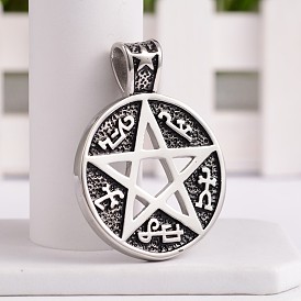 304 Stainless Steel Pentacle Pendants, Flat Round with Star, 50.5x38x4mm, Hole: 5.5x8mm