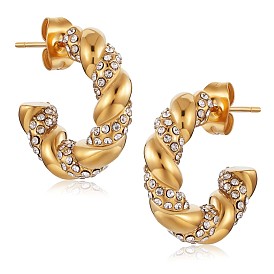 Clear Cubic Zirconia Twist Rope C-shape Stud Earrings, 430 Stainless Steel Half Hoop Earrings for Women