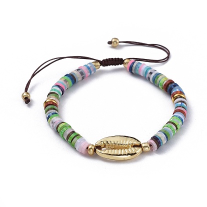 Nylon Thread Braided Beads Bracelets, with Polymer Clay Heishi Beads, Glass Seed Beads and Alloy Pendants, Cowrie Shell
