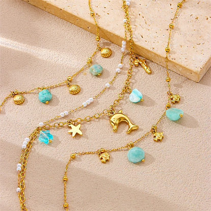 304 браслеты на ногу с кисточками из нержавеющей стали и пластика, украшенные жемчугом и натуральными камнями, золотые