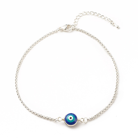 Enamel Evil Eye Link Anklet with 304 Stainless Steel Rolo Chains for Women