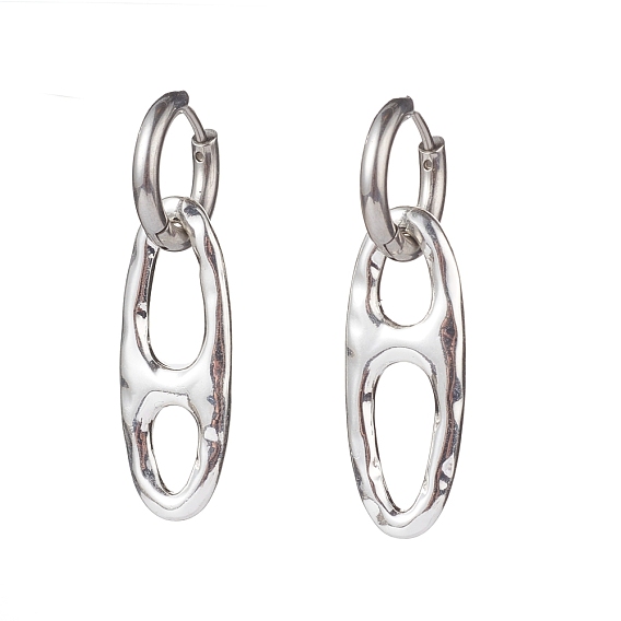 304 Stainless Steel Huggie Hoop Earrings, with Alloy Links, Oval