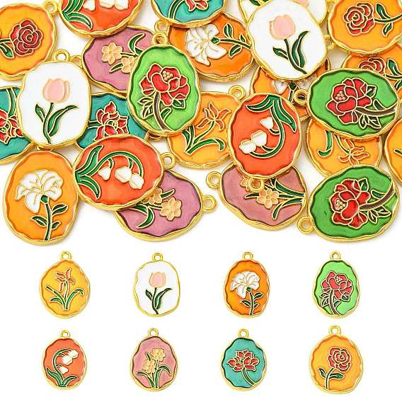 24 pcs 8 styles pendentifs en émail en alliage, ovale avec breloques fleurs, or