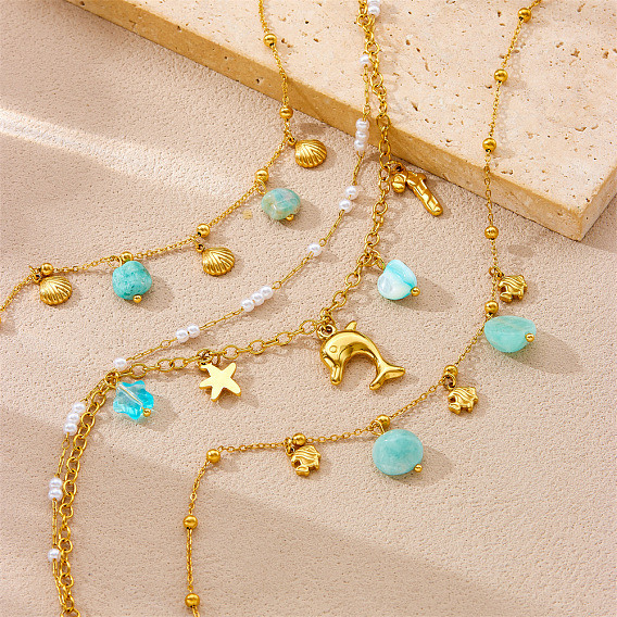 304 браслеты на ногу с кисточками из нержавеющей стали и пластика, украшенные жемчугом и натуральными камнями, золотые