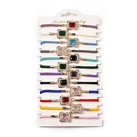 12Pcs 12 Colors Polyester Bracelets, Glass Links & Brass Micro Pave Cubic Zirconia Findings for Women, Rectangle