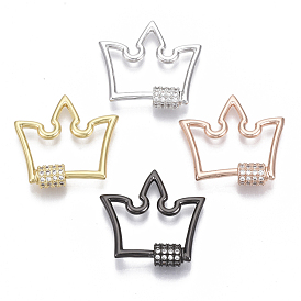 Brass Micro Pave Clear Cubic Zirconia Screw Carabiner Lock Charms, for Necklaces Making, Crown, Nickel Free