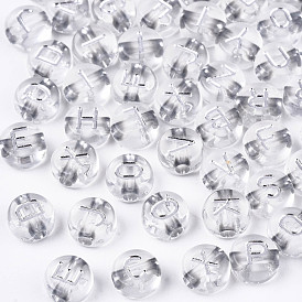 Transparent Acrylic Beads, Metal Enlaced, Flat Round with White Random Letter