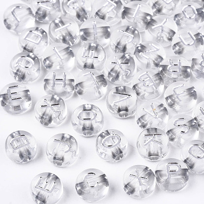 Transparent Acrylic Beads, Metal Enlaced, Flat Round with White Random Letter