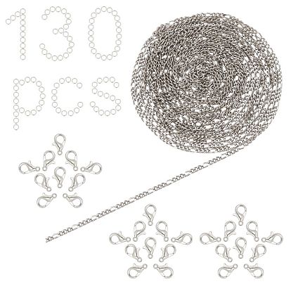 Kits de fabrication de bijoux à faire soi-même avec chaîne Figaro, y compris 10m 304 chaînes en acier inoxydable, fermoirs pince de homard en alliage de zinc et anneaux de saut en fer
