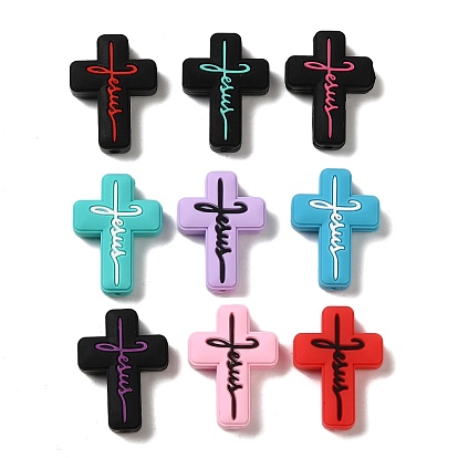 Silicone Beads, Cross with Word Jesus