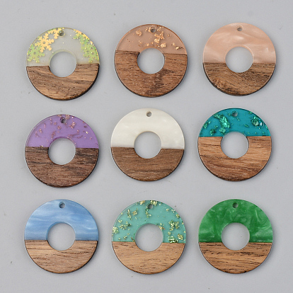 Resin & Walnut Wood Pendants, Flat Round, Mixed Color