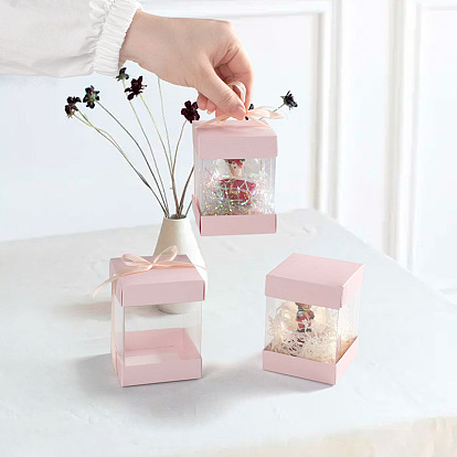 10Pcs Valentine's Day Clear Plastic Gift Packaging Boxes, with Paper Lid, Rectangle Gift Case with Ribbon, for Flower, Doll