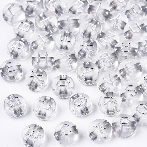 Transparent Acrylic Beads, Metal Enlaced, Flat Round with White Random Letter