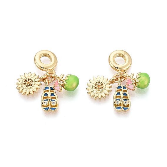 Европейские подвески-шармы из латуни с микропаве из прозрачных кубических цирконий и эмали, цветок, кокос и туфелька, Подвески с большими отверстиями, реальный 18 k позолоченный