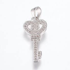 Brass Micro Pave Cubic Zirconia Pendants, Heart Key