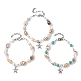 3 pcs 3 ensemble de bracelets à breloques étoile de mer en alliage de style, avec pierres précieuses naturelles et synthétiques mélangées et perles de coquillage