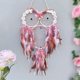 Owl Woven Web/Net with Feather Hanging Ornaments, with Iron Ring for Home Living Room Bedroom Wall Decorations