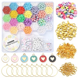 DIY Candy Color Bracelet Wine Glass Charm Making Kit, Including Polymer Clay Disc & Glass Seed & Acrylic Letter & Plastic Pearl Beads, Alloy Heart Pendant, Brass Wine Glass Charm Rings
