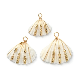 Pendentifs enveloppés de fil de cuivre en coquille naturelle, Breloques en forme de coquillage avec de véritables perles en laiton plaqué or 14 carats
