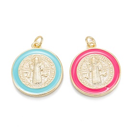 Brass Enamel Pendants, Real 18K Gold Plated, Long-Lasting Plated, Flat Round with Saint