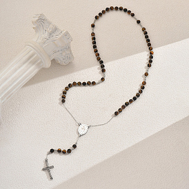 Натуральный тигровый глаз розарий бусы ожерелья, Женские ожерелья с подвеской-крестом из нержавеющей стали и кисточкой