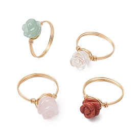 Valentine's Day Rose Natural Gemstone Finger Rings, Golden Tone Copper Wire Wrapped Rings for Women