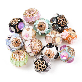 Handmade Indonesia Alloy Beads, with Resin Findings and Rhinestone, Rondelle with Flower