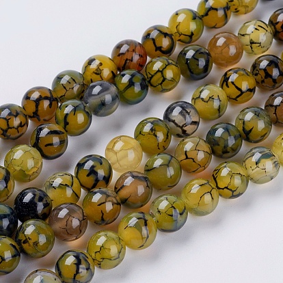 Natural Dragon Veins Agate Beads Strands, Dyed, Round, Olive