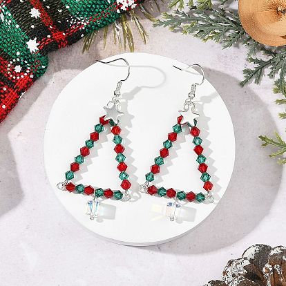 Серьги-подвески из стеклянных бусин в виде рождественской елки, с 304 подвесками в виде звезд из нержавеющей стали и латунными крючками для сережек