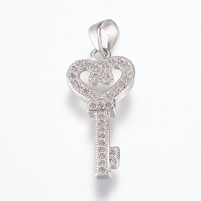 Brass Micro Pave Cubic Zirconia Pendants, Heart Key