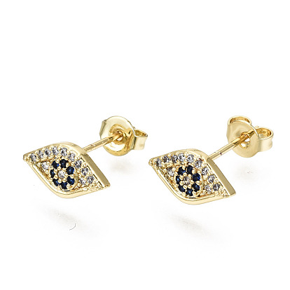 Brass Micro Pave Cubic Zirconia Stud Earrings, with Ear Nuts, Nickel Free, Eye, Blue