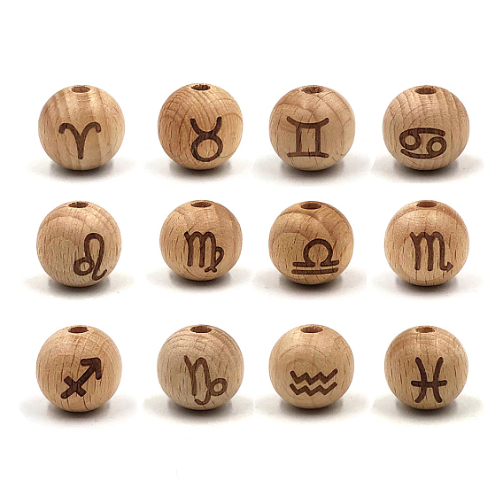 Beech Wood Beads, Laser Engraved Bead, Round with Twelve Constellation, BurlyWood