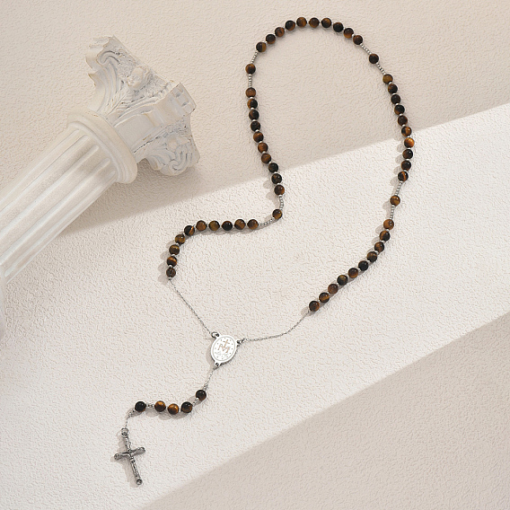 Натуральный тигровый глаз розарий бусы ожерелья, Женские ожерелья с подвеской-крестом из нержавеющей стали и кисточкой
